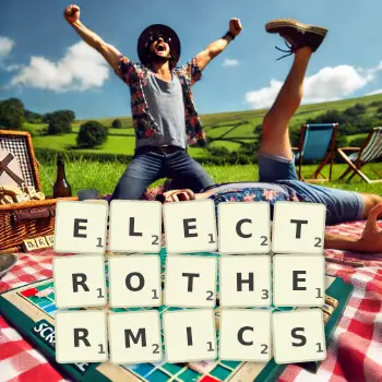 Creative illustration for a Scrabble game with the word ELECTROTHERMICS spelled out in tiles on the board.
