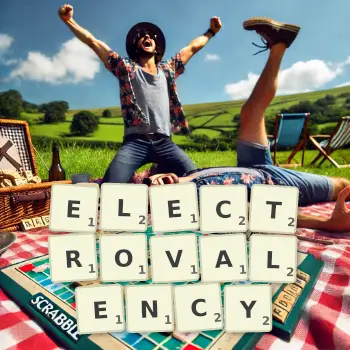 Creative illustration for a Scrabble game with the word ELECTROVALENCY spelled out in tiles on the board.