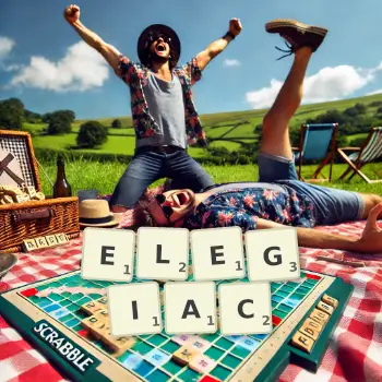 Creative illustration for a Scrabble game with the word ELEGIAC spelled out in tiles on the board.