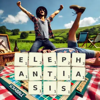 Creative illustration for a Scrabble game with the word ELEPHANTIASIS spelled out in tiles on the board.