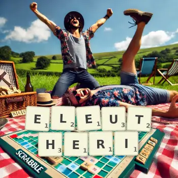 Creative illustration for a Scrabble game with the word ELEUTHERI spelled out in tiles on the board.