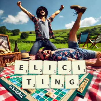 Creative illustration for a Scrabble game with the word ELICITING spelled out in tiles on the board.