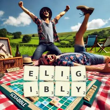 Creative illustration for a Scrabble game with the word ELIGIBLY spelled out in tiles on the board.