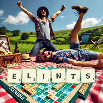 Creative illustration for a Scrabble game with the word ELINTS spelled out in tiles on the board.