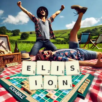 Creative illustration for a Scrabble game with the word ELISION spelled out in tiles on the board.