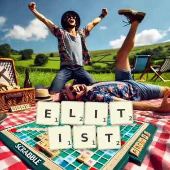 Creative illustration for a Scrabble game with the word ELITIST spelled out in tiles on the board.
