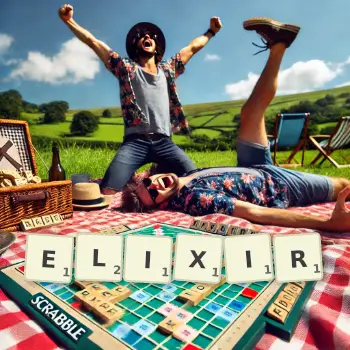Creative illustration for a Scrabble game with the word ELIXIR spelled out in tiles on the board.