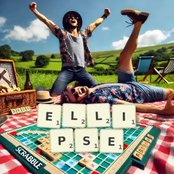 Creative illustration for a Scrabble game with the word ELLIPSE spelled out in tiles on the board.