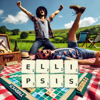 Creative illustration for a Scrabble game with the word ELLIPSIS spelled out in tiles on the board.