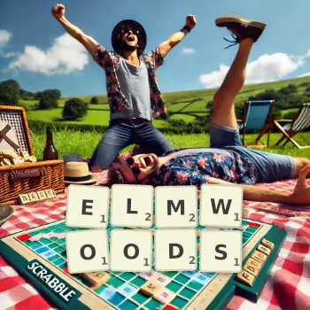 Creative illustration for a Scrabble game with the word ELMWOODS spelled out in tiles on the board.