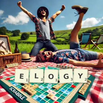Creative illustration for a Scrabble game with the word ELOGY spelled out in tiles on the board.