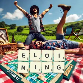 Creative illustration for a Scrabble game with the word ELOINING spelled out in tiles on the board.