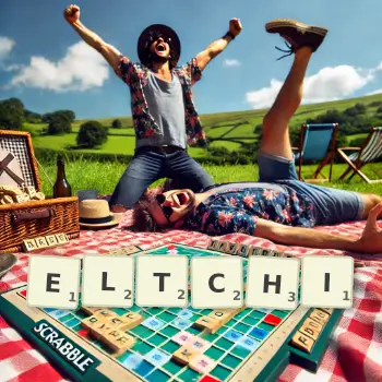 Creative illustration for a Scrabble game with the word ELTCHI spelled out in tiles on the board.