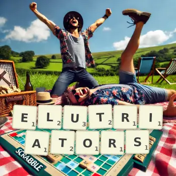 Creative illustration for a Scrabble game with the word ELUTRIATORS spelled out in tiles on the board.