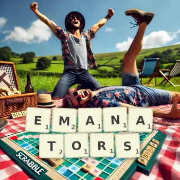 Creative illustration for a Scrabble game with the word EMANATORS spelled out in tiles on the board.