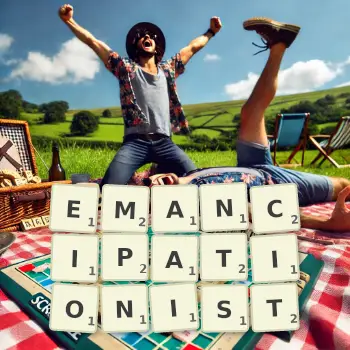 Creative illustration for a Scrabble game with the word EMANCIPATIONIST spelled out in tiles on the board.