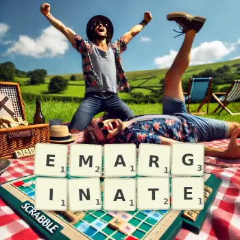 Creative illustration for a Scrabble game with the word EMARGINATE spelled out in tiles on the board.