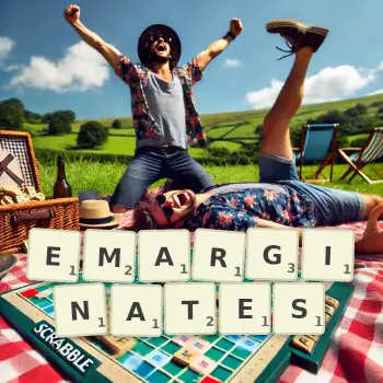Creative illustration for a Scrabble game with the word EMARGINATES spelled out in tiles on the board.