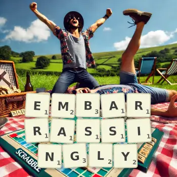 Creative illustration for a Scrabble game with the word EMBARRASSINGLY spelled out in tiles on the board.