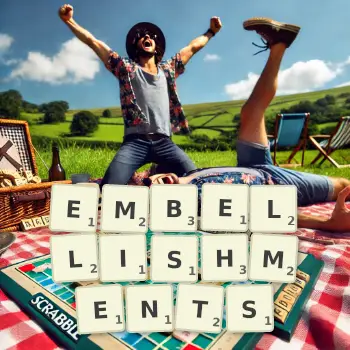Creative illustration for a Scrabble game with the word EMBELLISHMENTS spelled out in tiles on the board.