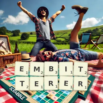 Creative illustration for a Scrabble game with the word EMBITTERER spelled out in tiles on the board.