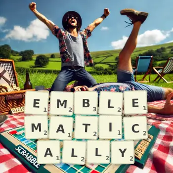 Creative illustration for a Scrabble game with the word EMBLEMATICALLY spelled out in tiles on the board.