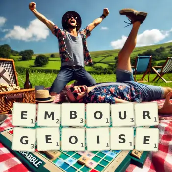 Creative illustration for a Scrabble game with the word EMBOURGEOISE spelled out in tiles on the board.