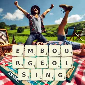 Creative illustration for a Scrabble game with the word EMBOURGEOISING spelled out in tiles on the board.