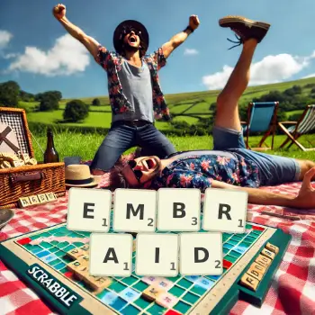 Creative illustration for a Scrabble game with the word EMBRAID spelled out in tiles on the board.