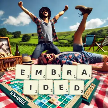 Creative illustration for a Scrabble game with the word EMBRAIDED spelled out in tiles on the board.
