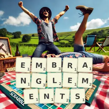 Creative illustration for a Scrabble game with the word EMBRANGLEMENTS spelled out in tiles on the board.