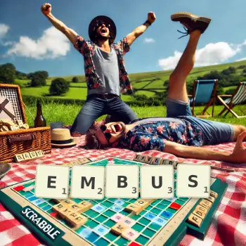 Creative illustration for a Scrabble game with the word EMBUS spelled out in tiles on the board.