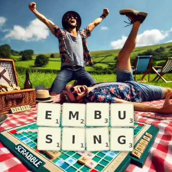 Creative illustration for a Scrabble game with the word EMBUSING spelled out in tiles on the board.