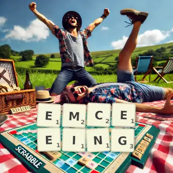 Creative illustration for a Scrabble game with the word EMCEEING spelled out in tiles on the board.