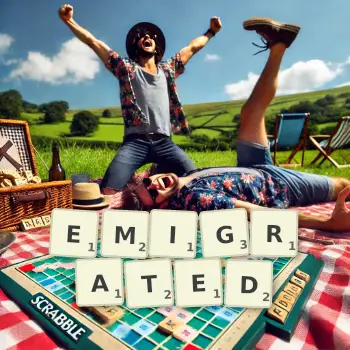 Creative illustration for a Scrabble game with the word EMIGRATED spelled out in tiles on the board.