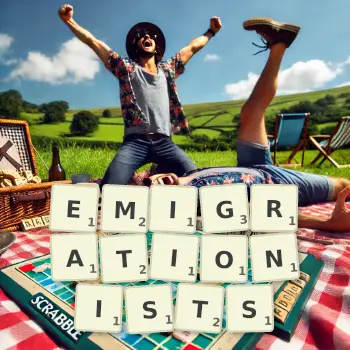 Creative illustration for a Scrabble game with the word EMIGRATIONISTS spelled out in tiles on the board.