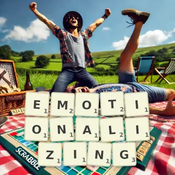 Creative illustration for a Scrabble game with the word EMOTIONALIZING spelled out in tiles on the board.