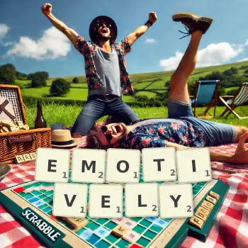 Creative illustration for a Scrabble game with the word EMOTIVELY spelled out in tiles on the board.