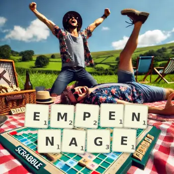Creative illustration for a Scrabble game with the word EMPENNAGE spelled out in tiles on the board.