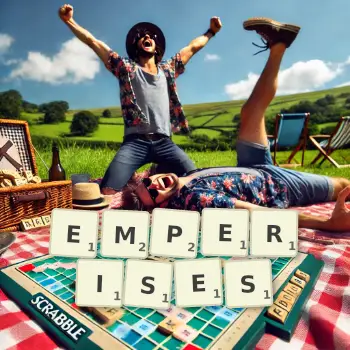 Creative illustration for a Scrabble game with the word EMPERISES spelled out in tiles on the board.
