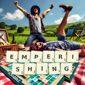 Creative illustration for a Scrabble game with the word EMPERISHING spelled out in tiles on the board.