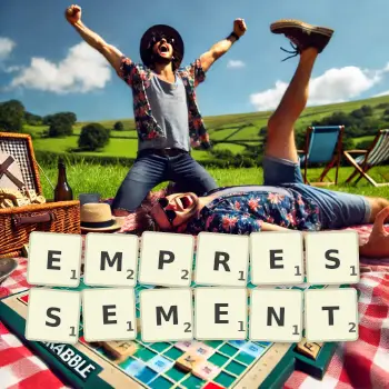 Creative illustration for a Scrabble game with the word EMPRESSEMENT spelled out in tiles on the board.