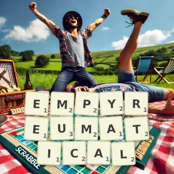 Creative illustration for a Scrabble game with the word EMPYREUMATICAL spelled out in tiles on the board.