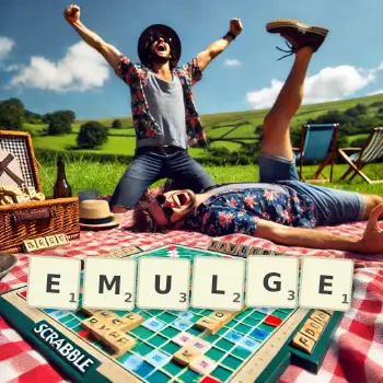 Creative illustration for a Scrabble game with the word EMULGE spelled out in tiles on the board.