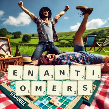 Creative illustration for a Scrabble game with the word ENANTIOMERS spelled out in tiles on the board.
