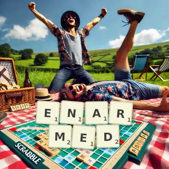 Creative illustration for a Scrabble game with the word ENARMED spelled out in tiles on the board.