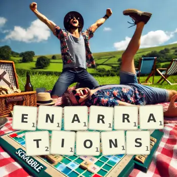 Creative illustration for a Scrabble game with the word ENARRATIONS spelled out in tiles on the board.