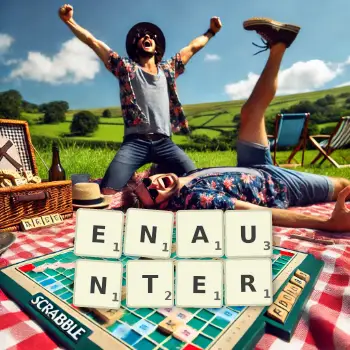Creative illustration for a Scrabble game with the word ENAUNTER spelled out in tiles on the board.