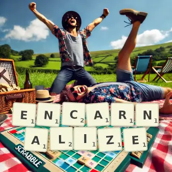 Creative illustration for a Scrabble game with the word ENCARNALIZE spelled out in tiles on the board.