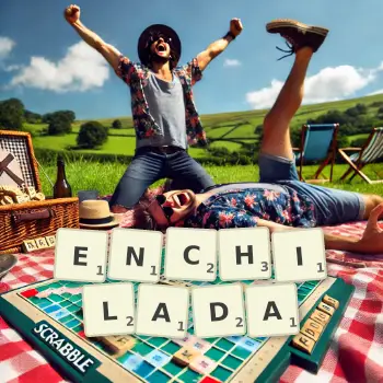 Creative illustration for a Scrabble game with the word ENCHILADA spelled out in tiles on the board.